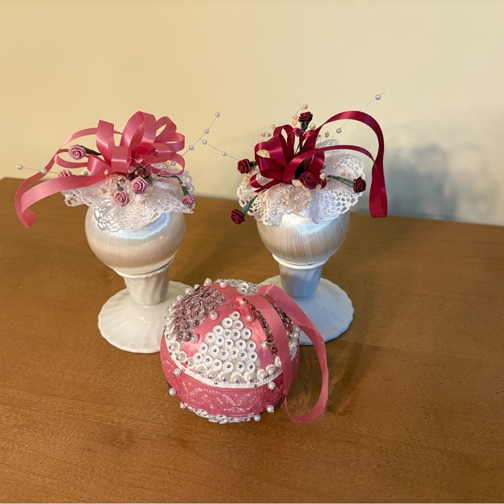Pink and White Decorative Handmade Sequin and Satin Ornaments